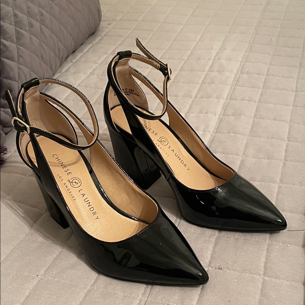 Chinese Laundry Black Patent Ankle-Strap Pointed-Toe Block Heels